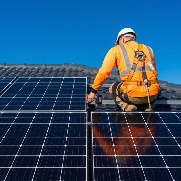 Technicien en équipement de protection individuelle installant des panneaux solaires photovoltaïques sur toiture résidentielle par temps ensoleillé